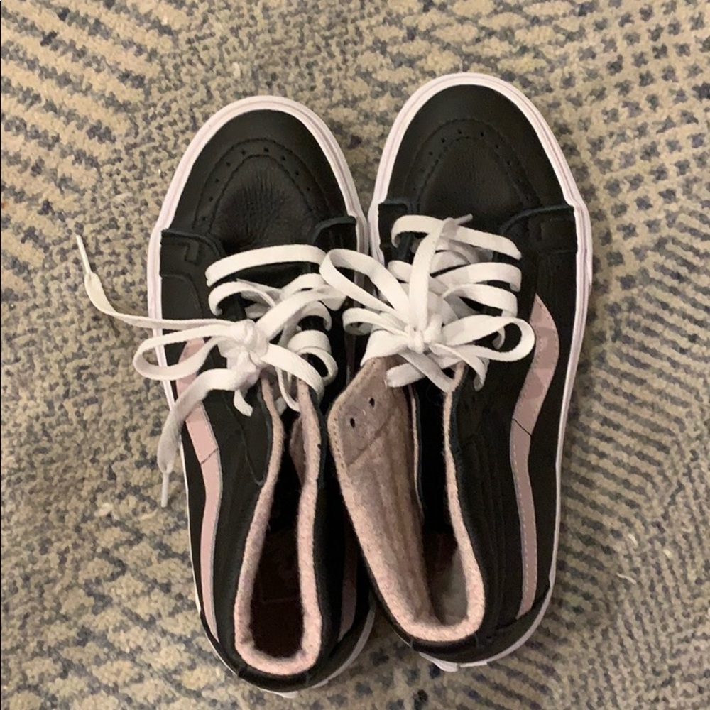 Black and purple leather high top vans